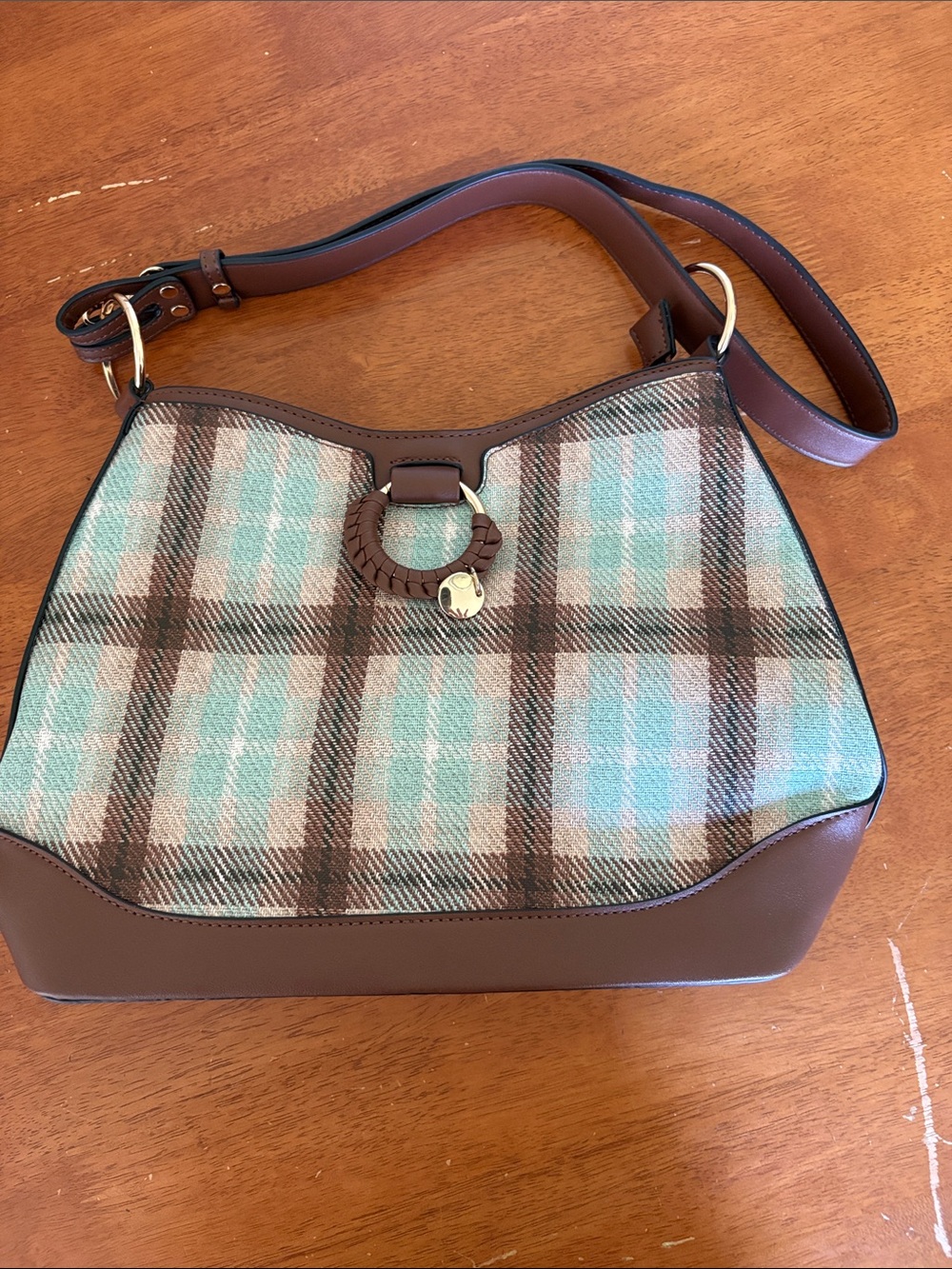 Plaid Brown and Aqua Shoulder Bag